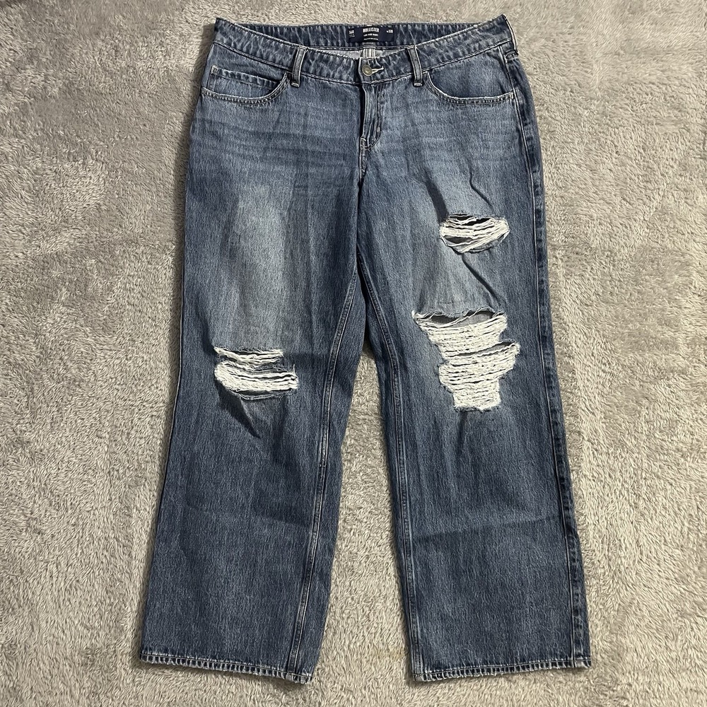Hollister Jeans Womens Size 14/32 Low Rise Baggy‎ Blue Denim Distressed Wide Leg